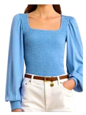 Lauren Ralph Lauren Black Label Smocked Blouse Top Womens M Blue Long Sleeve NWT